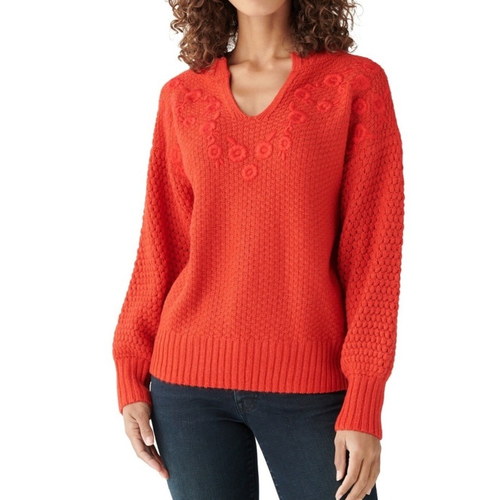 Lucky Brand Los Angeles Red Floral Embroidered V Neck Knit Sweater XL‎